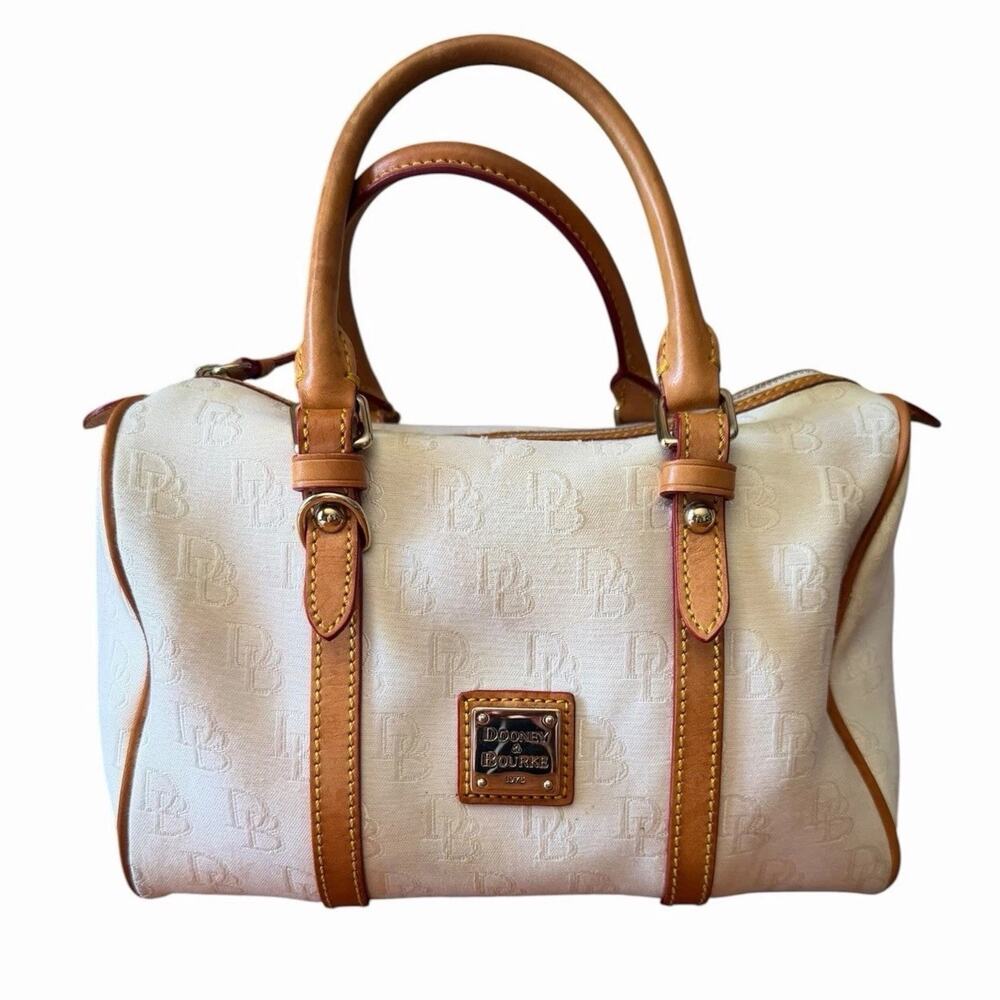 Vintage Dooney & Bourke White Monogram Canvas Barrel Satchel Bag Leather Trim
